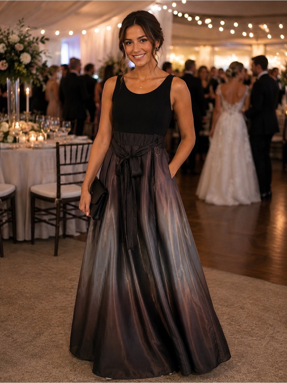 SLNY Black Evening Dress with Subtle Navy Lining